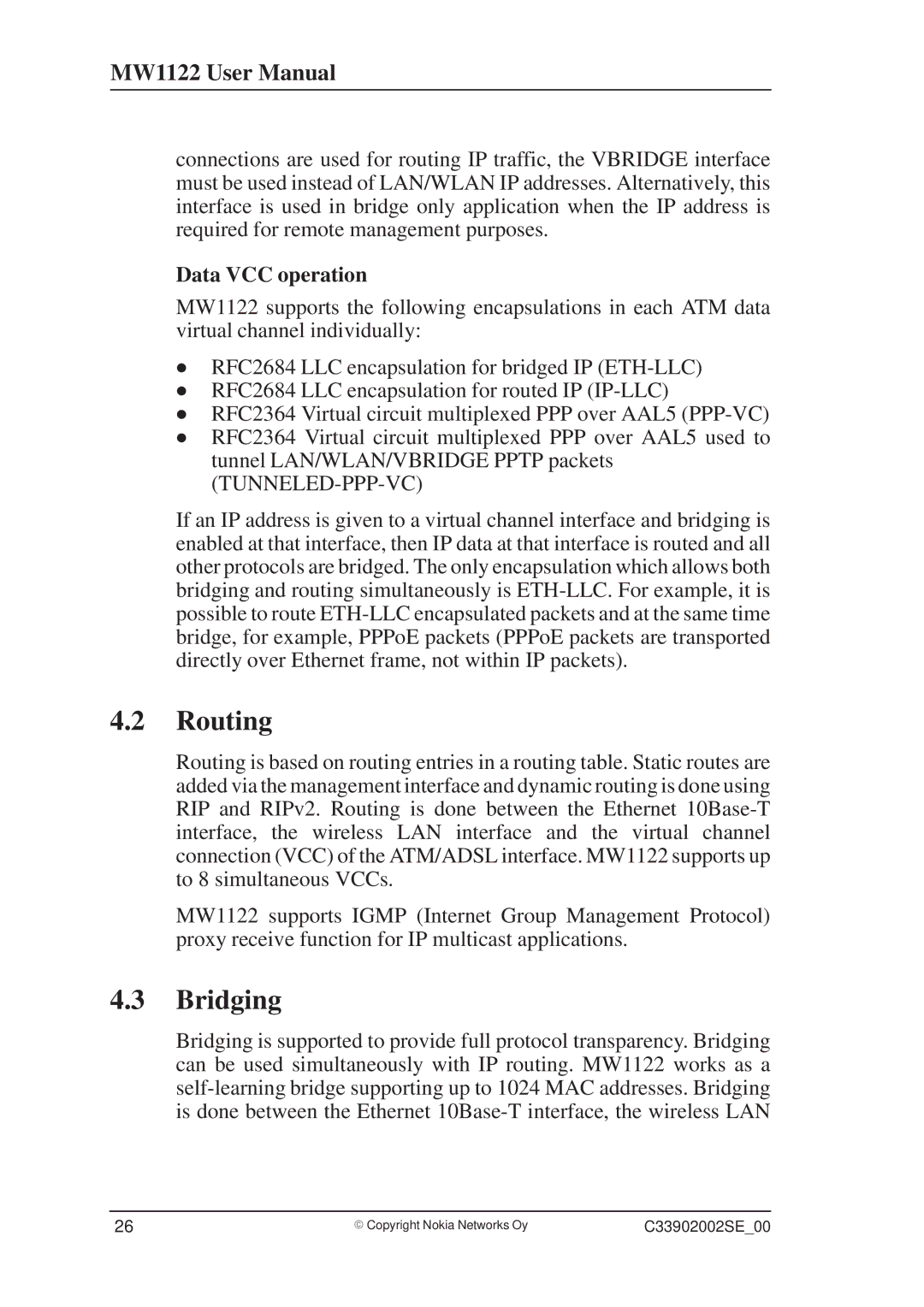 Nokia T66520, MW1122 user manual Routing, Bridging, Data VCC operation 