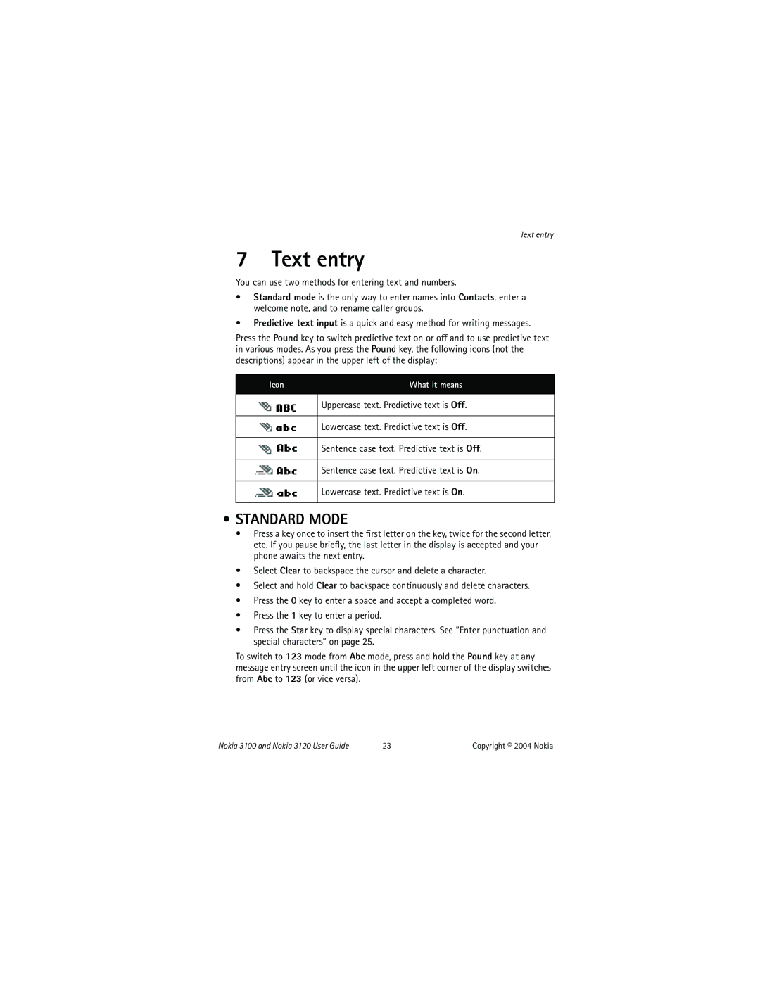 Nokia N-3100, N-3120 specifications Text entry, Standard Mode, You can use two methods for entering text and numbers 