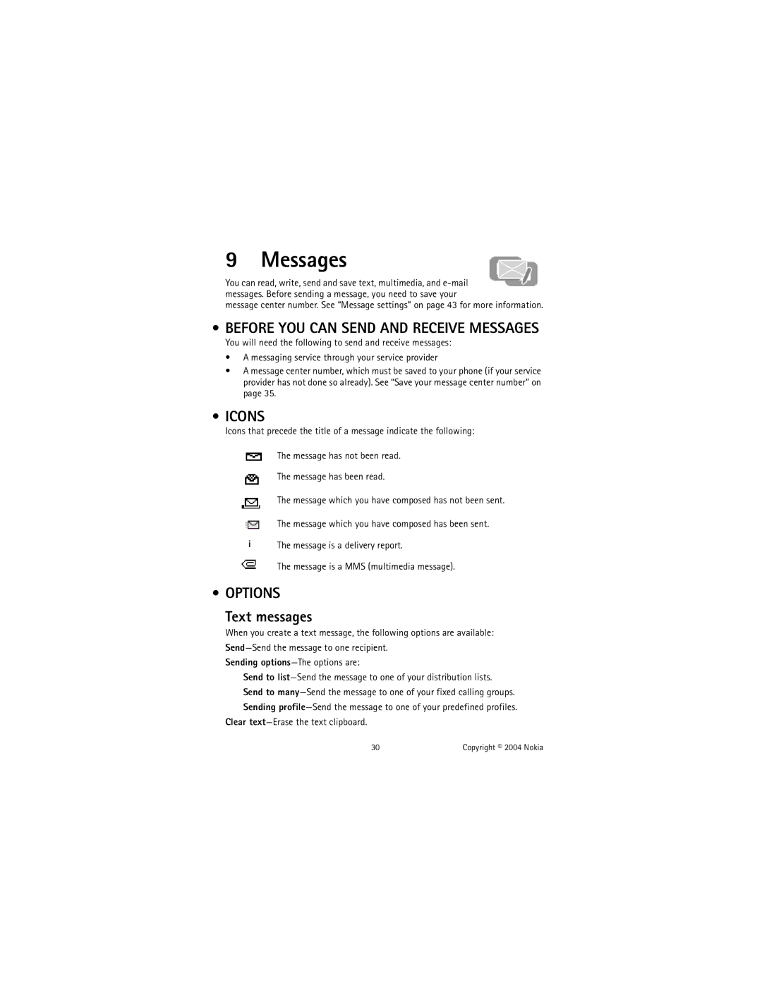 Nokia N-3120, N-3100 specifications Messages, Icons, Options, Text messages, Clear text-Erase the text clipboard 