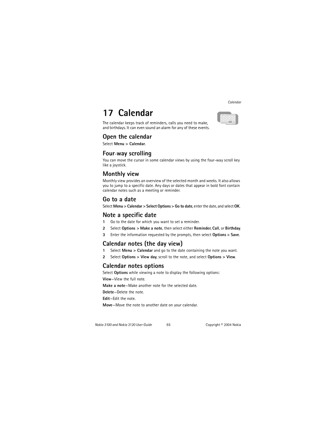 Nokia N-3100, N-3120 specifications Calendar 