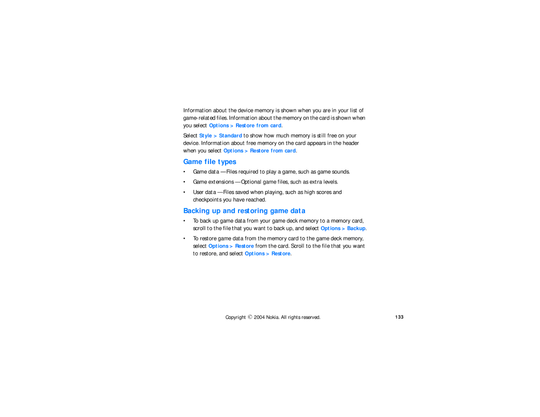 Nokia N-GAGE QD manual Game file types, Backing up and restoring game data, 133 