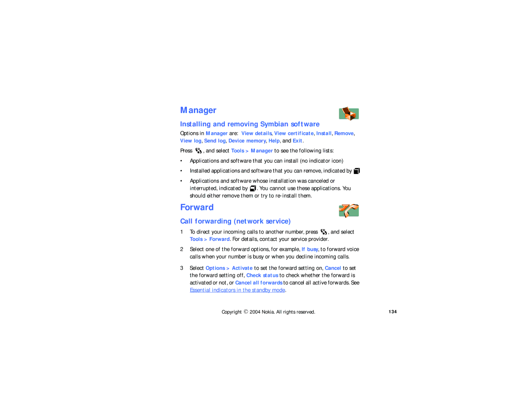 Nokia N-GAGE QD manual Manager, Forward, Installing and removing Symbian software, Call forwarding network service, 134 
