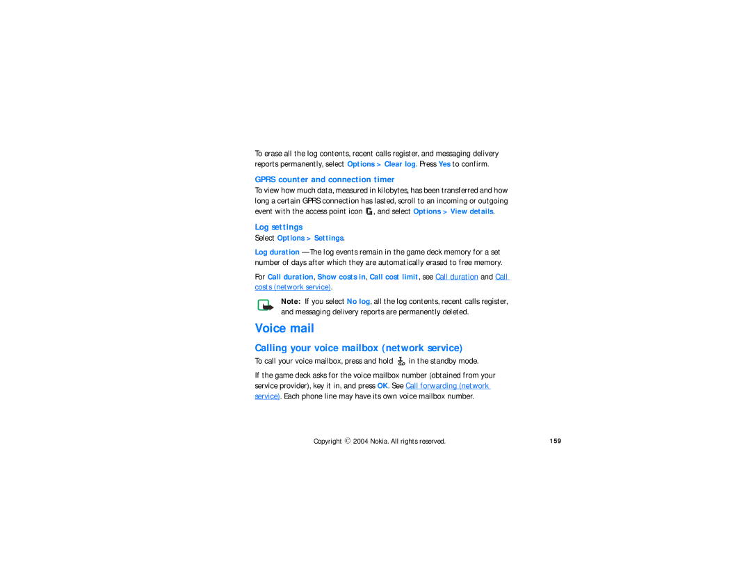 Nokia N-GAGE QD Voice mail, Calling your voice mailbox network service, Gprs counter and connection timer, Log settings 