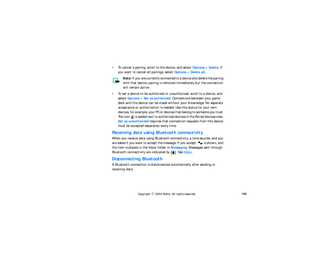 Nokia N-GAGE QD manual Receiving data using Bluetooth connectivity, Disconnecting Bluetooth, 165 