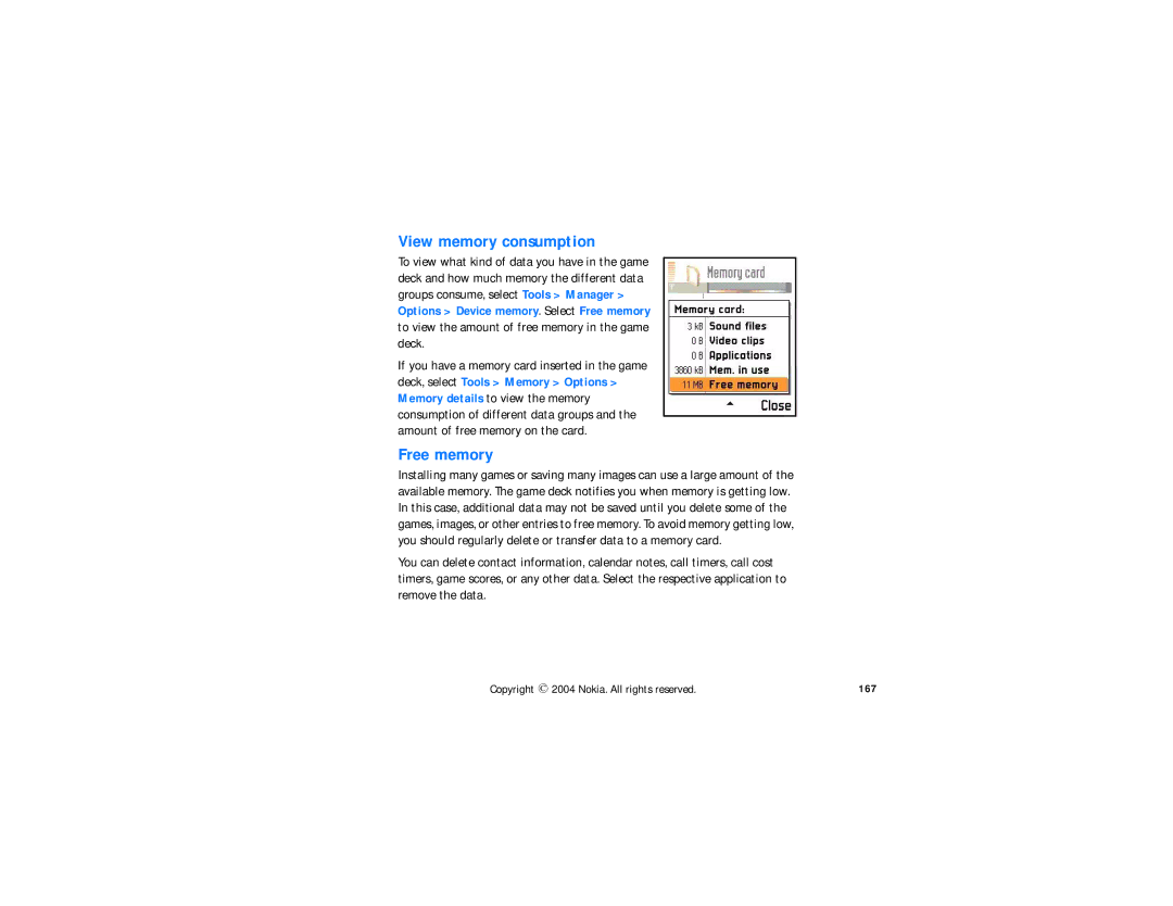 Nokia N-GAGE QD manual View memory consumption, Free memory, 167 