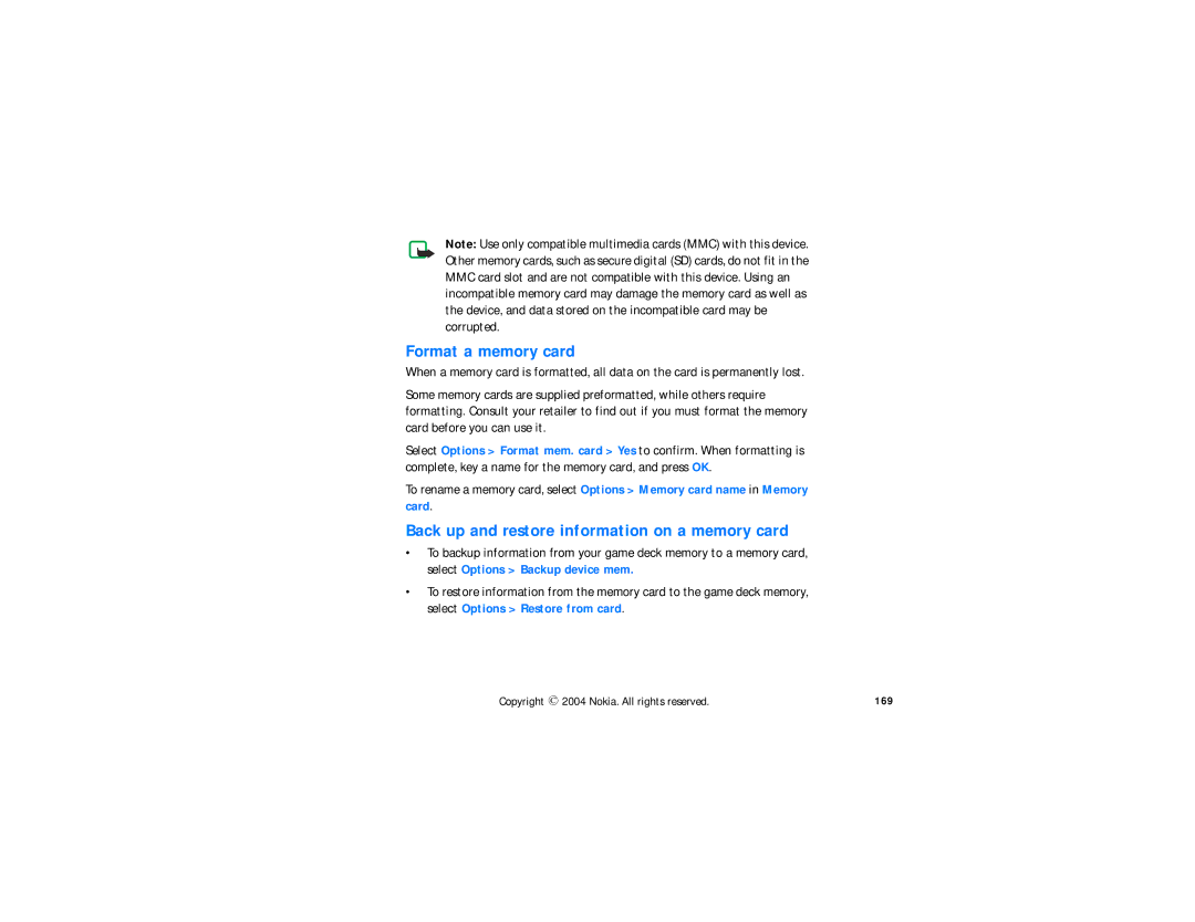 Nokia N-GAGE QD manual Format a memory card, Back up and restore information on a memory card, 169 