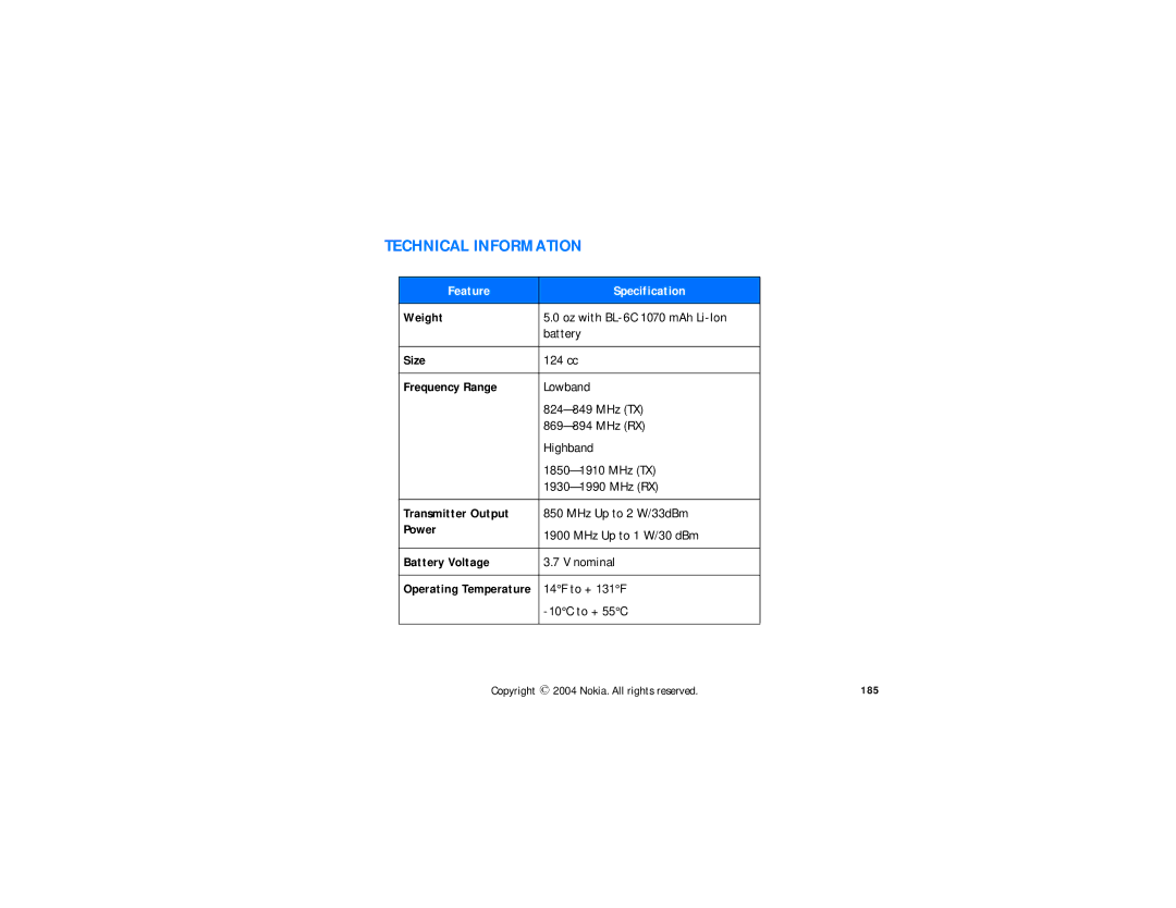 Nokia N-GAGE QD manual Weight, Size, Frequency Range, Transmitter Output, Power, Battery Voltage 