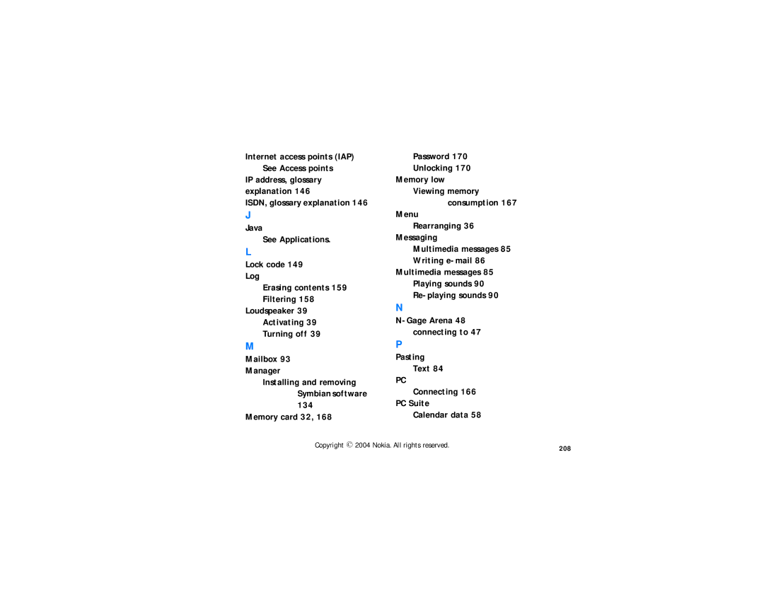Nokia N-GAGE QD manual Viewing memory consumption Menu Rearranging, Internet access points IAP See Access points, 208 