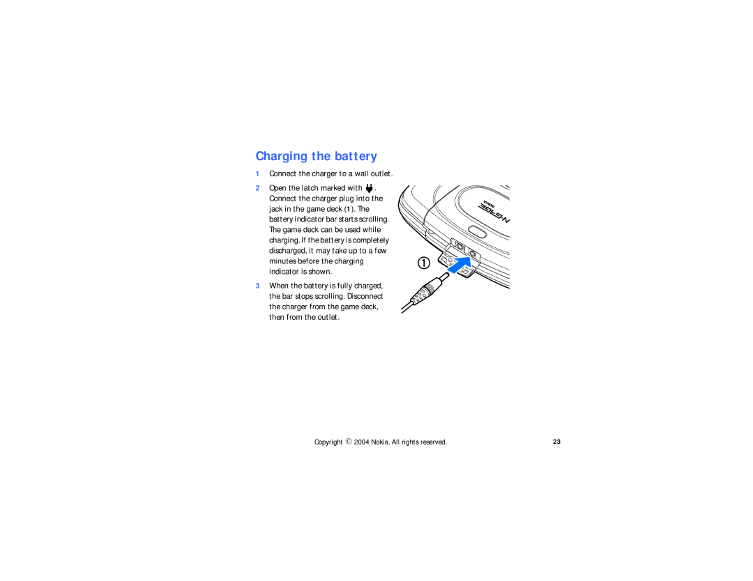 Nokia N-GAGE QD manual Charging the battery, Connect the charger to a wall outlet 