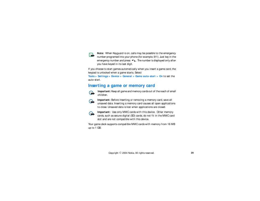 Nokia N-GAGE QD manual Inserting a game or memory card, Tools Settings Device General Game auto-start On to set, Auto-start 