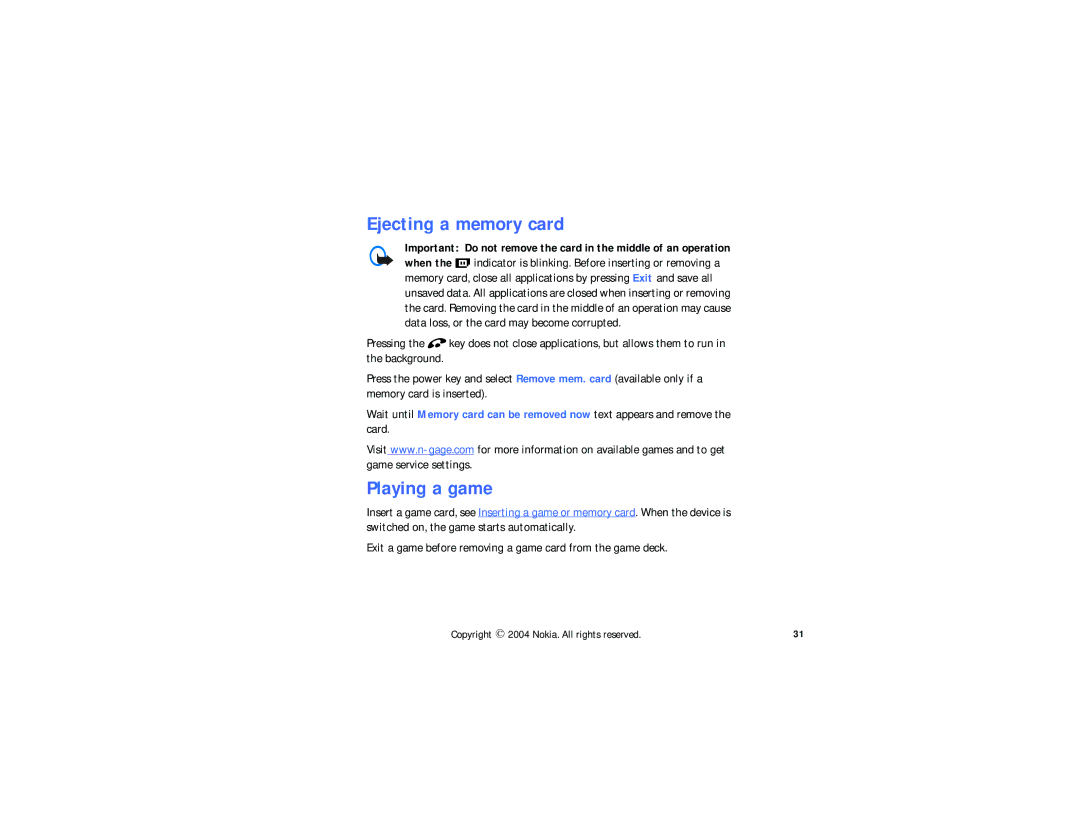 Nokia N-GAGE QD manual Ejecting a memory card, Playing a game 