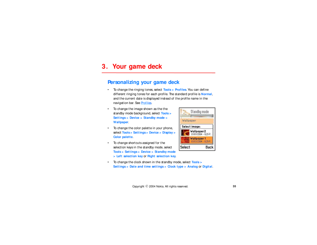 Nokia N-GAGE QD manual Personalizing your game deck, Settings Device Standby mode Wallpaper 