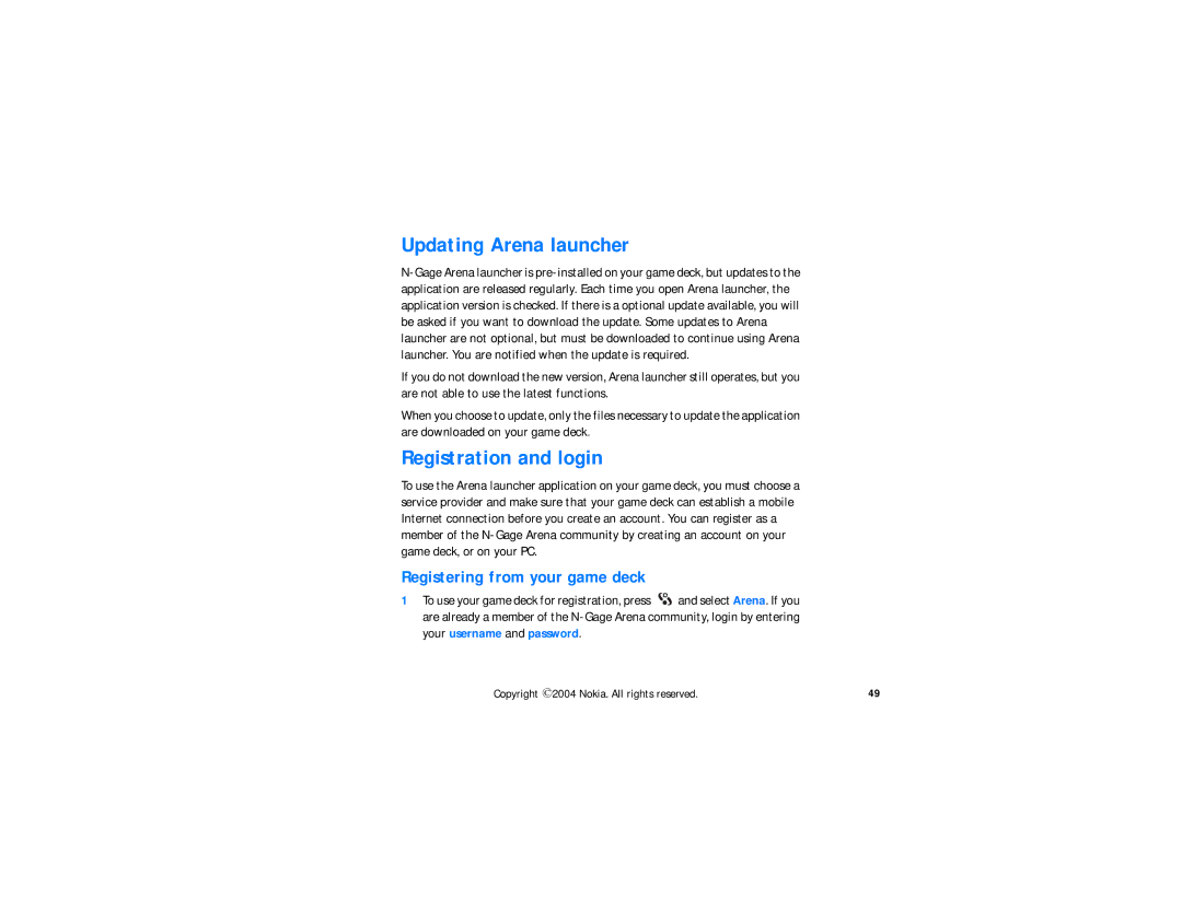 Nokia N-GAGE QD manual Updating Arena launcher, Registration and login, Registering from your game deck 