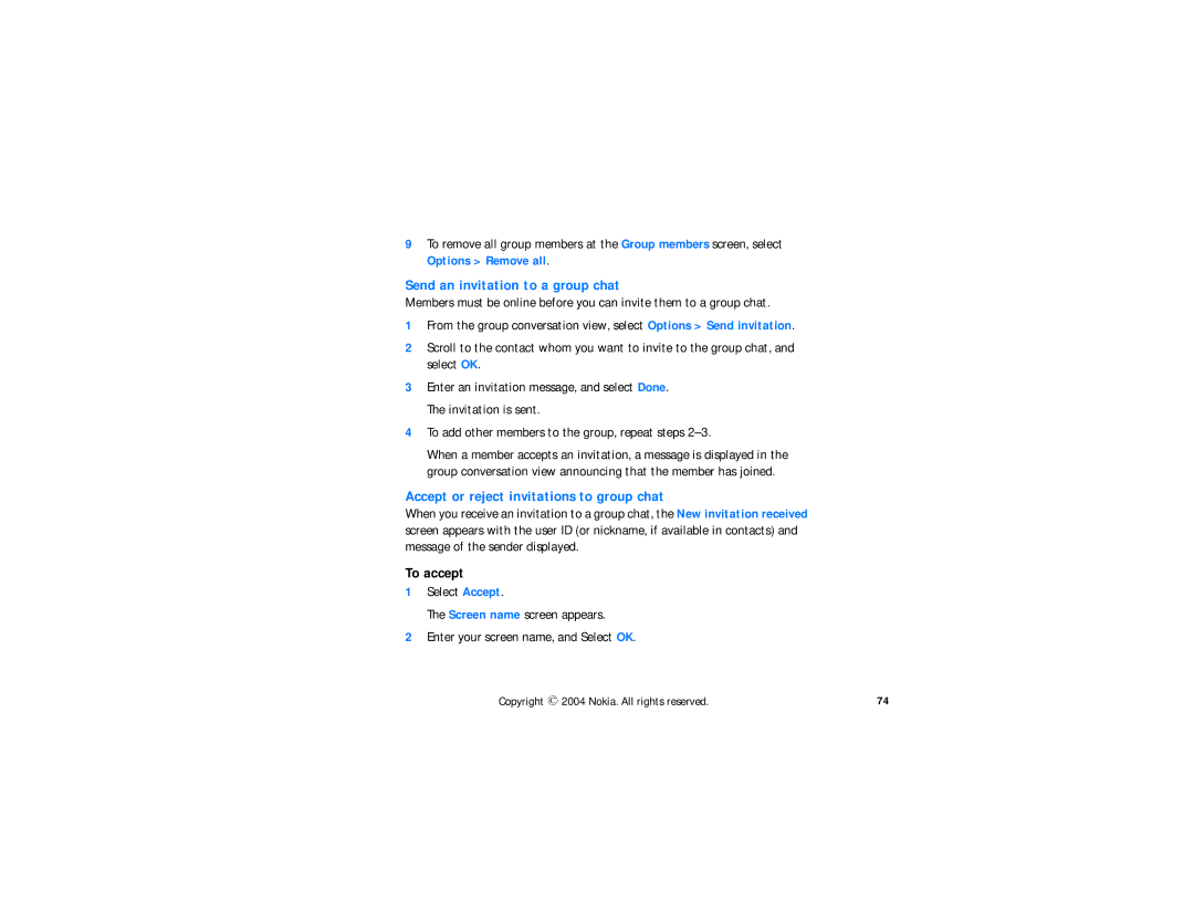 Nokia N-GAGE QD manual Send an invitation to a group chat, Accept or reject invitations to group chat 