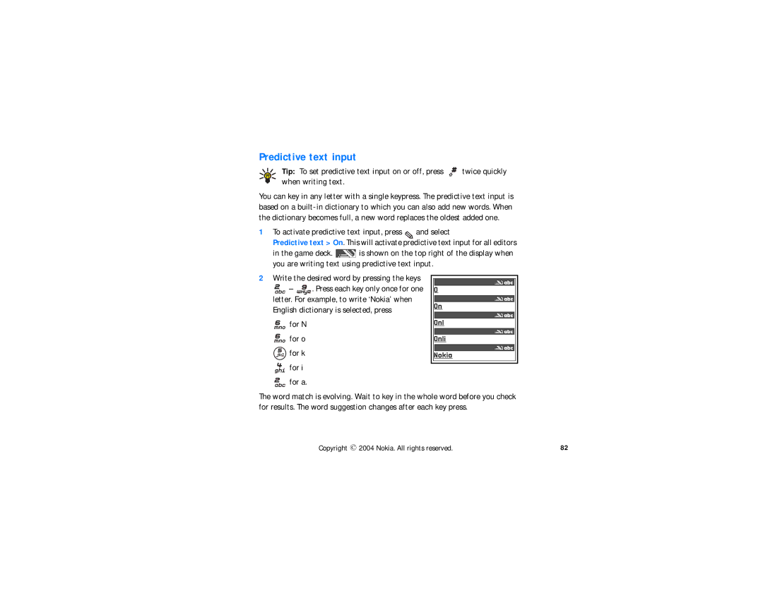 Nokia N-GAGE QD manual Predictive text input, Tip To set predictive text input on or off, press, When writing text 