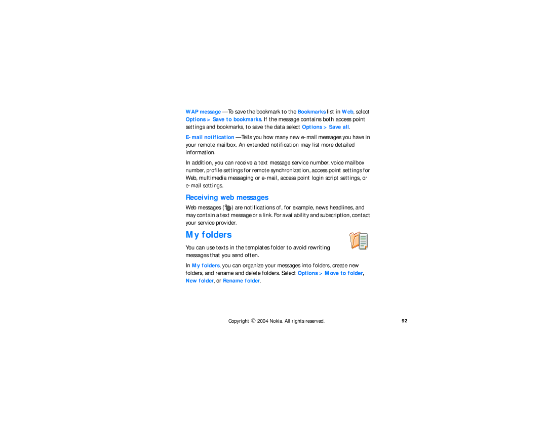 Nokia N-GAGE QD manual My folders, Receiving web messages 