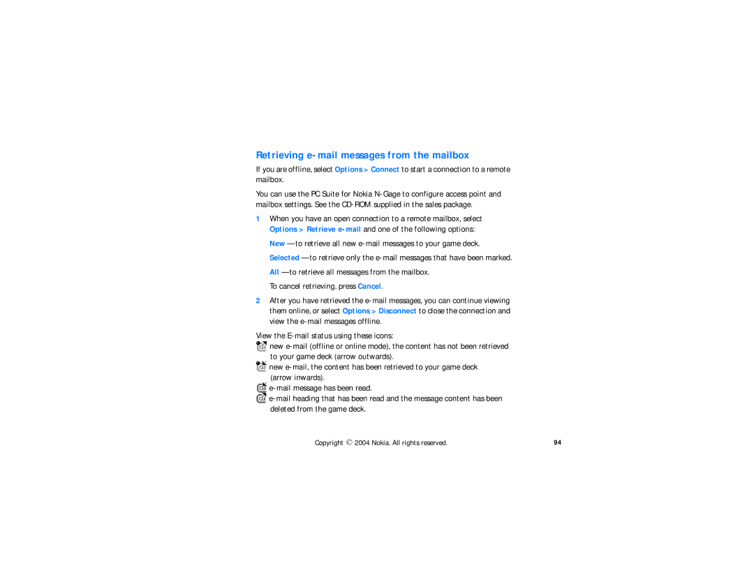 Nokia N-GAGE QD manual Retrieving e-mail messages from the mailbox 