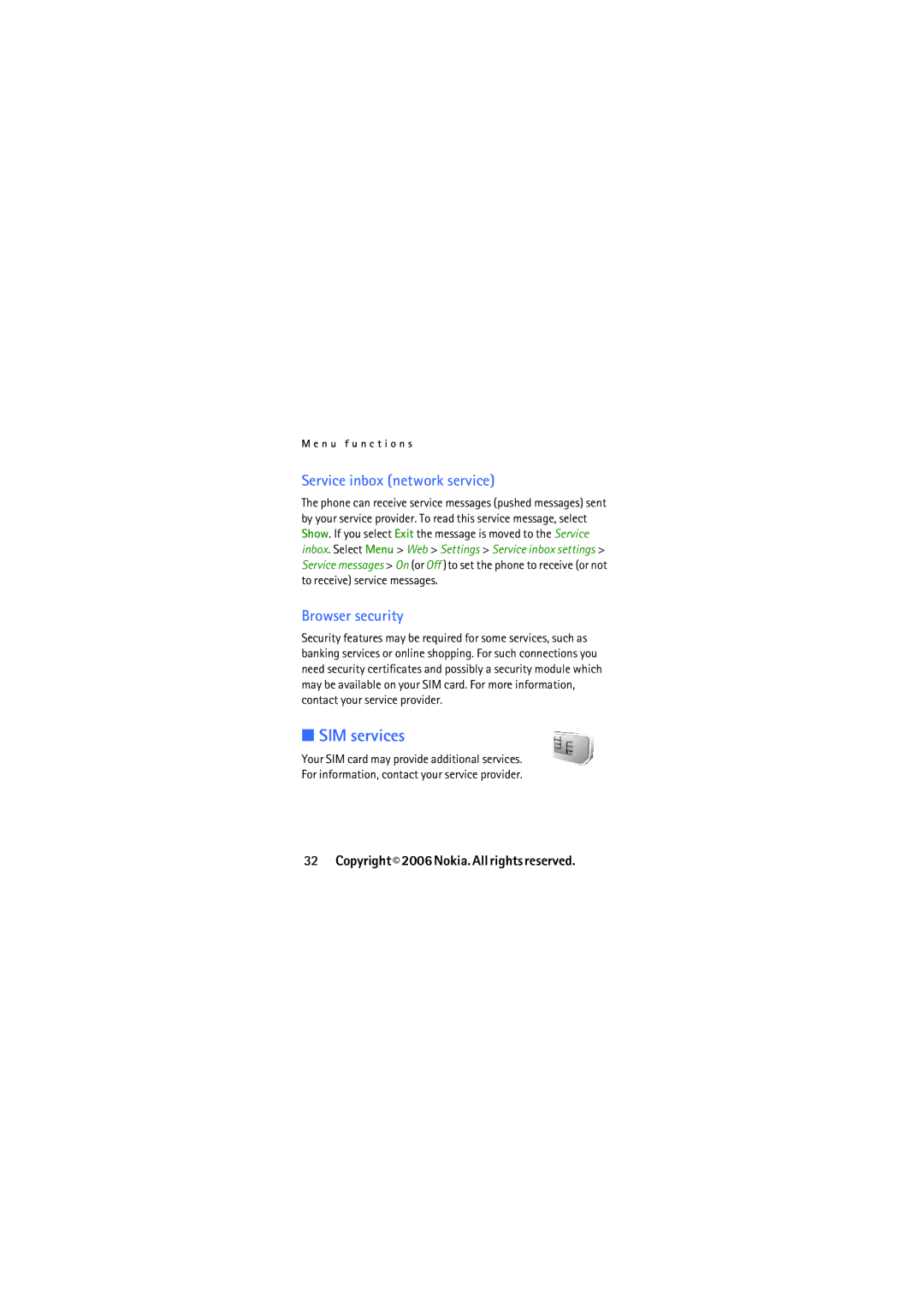 Nokia N2610 manual SIM services, Service inbox network service, Browser security 