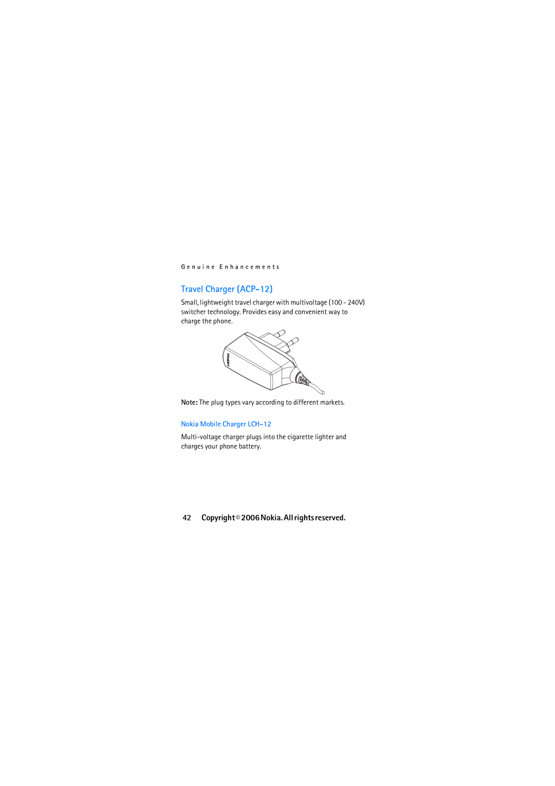 Nokia N2610 manual Travel Charger ACP-12 