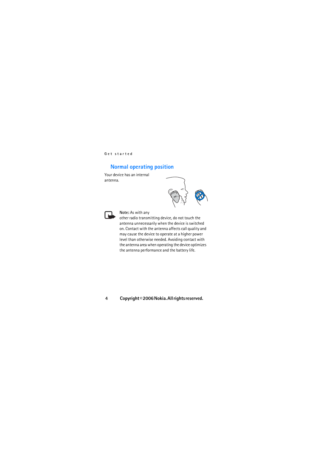 Nokia N2626 manual Normal operating position, Your device has an internal antenna 