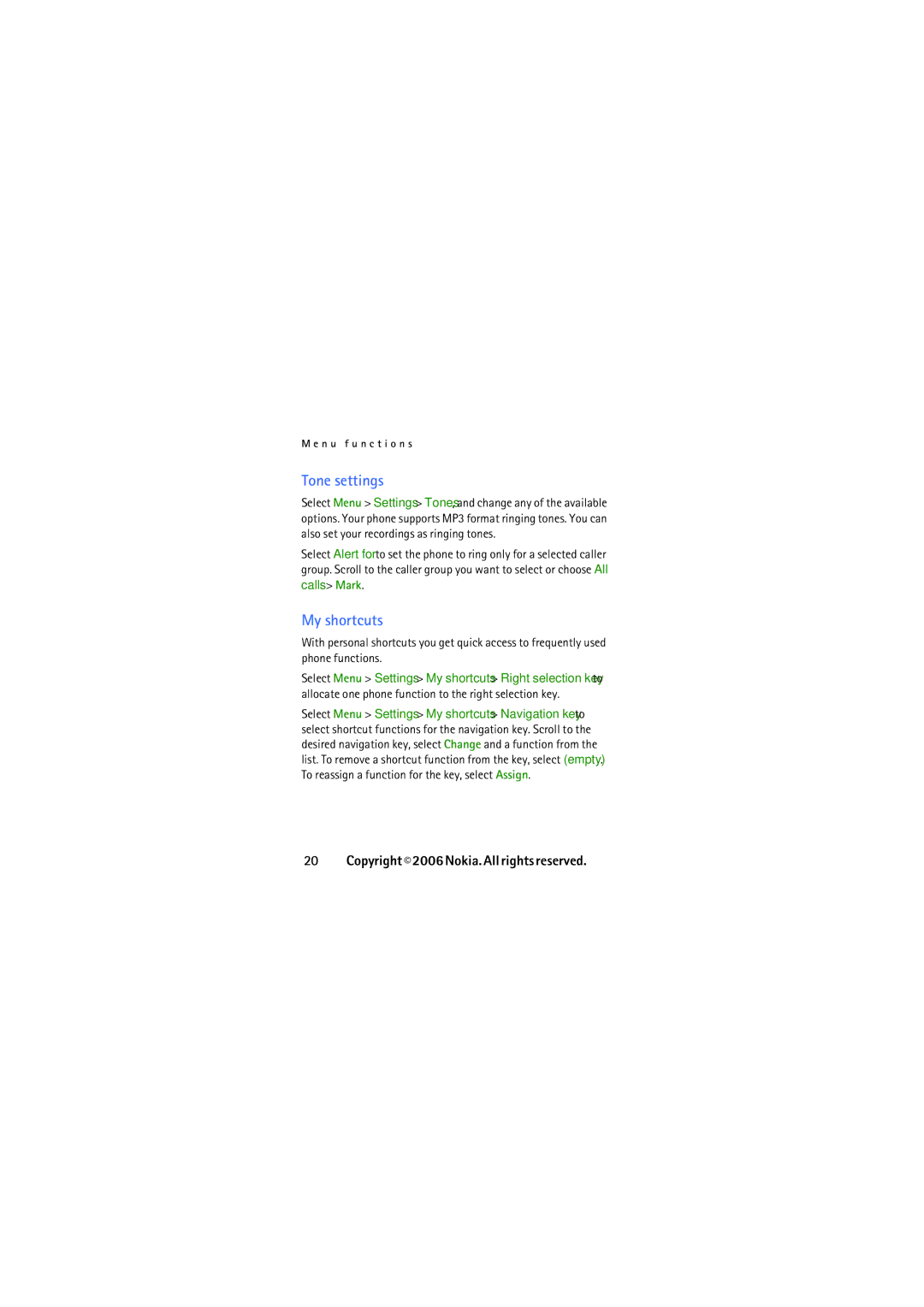 Nokia N2626 manual Tone settings, My shortcuts 