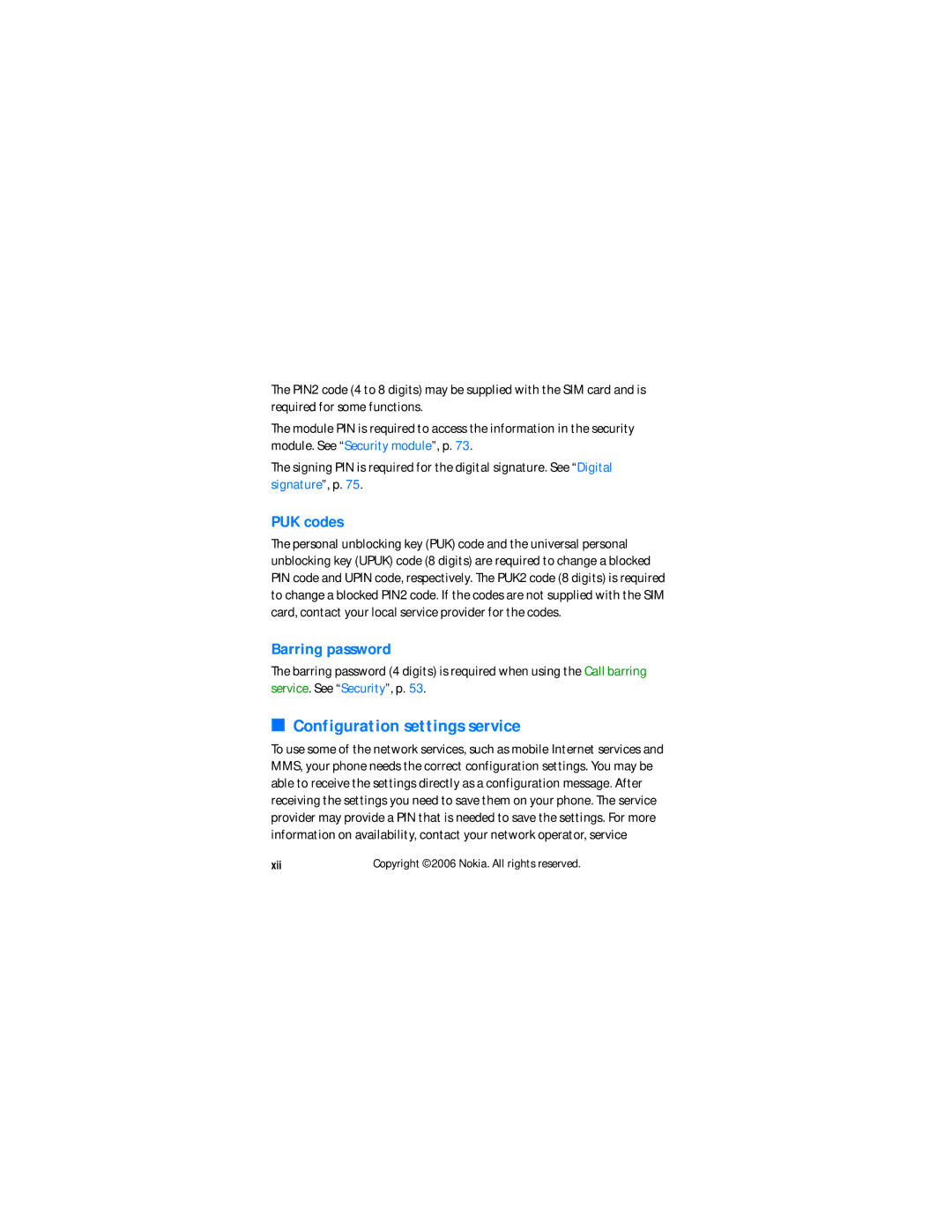 Nokia N6060v manual Configuration settings service, PUK codes, Barring password 