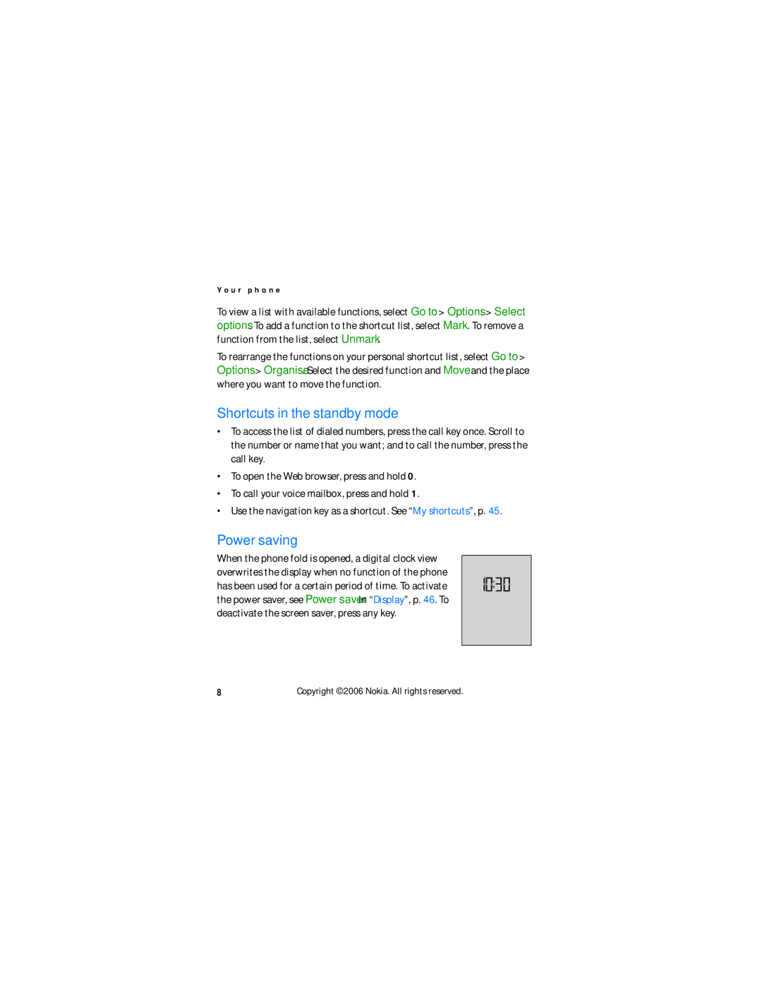 Nokia N6060v manual Shortcuts in the standby mode, Power saving 