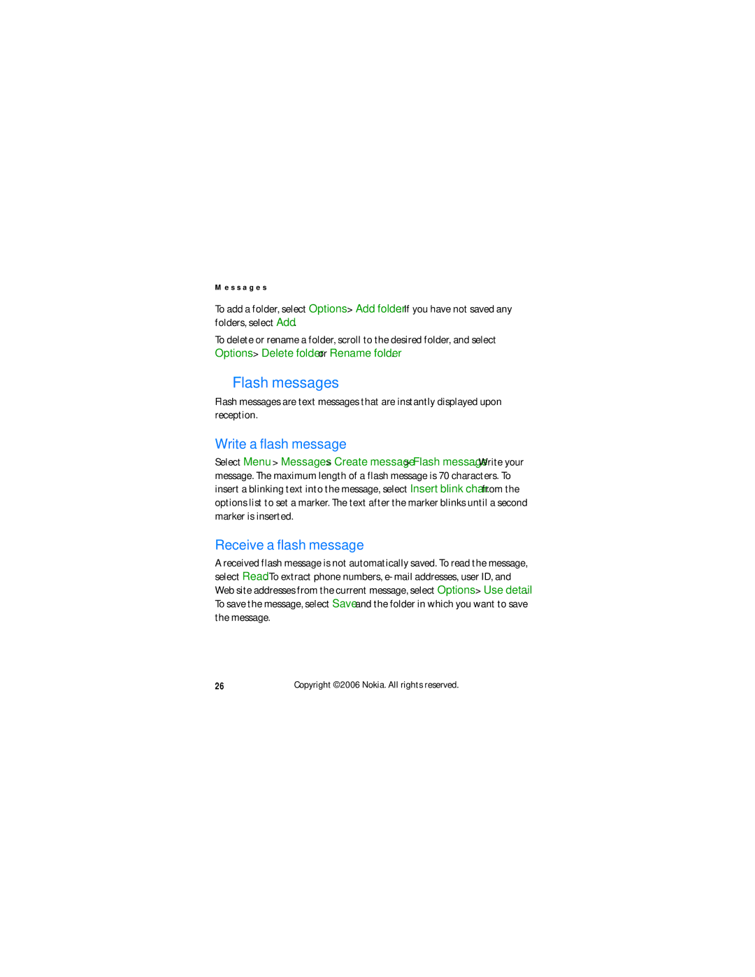 Nokia N6060v manual Flash messages, Write a flash message, Receive a flash message 