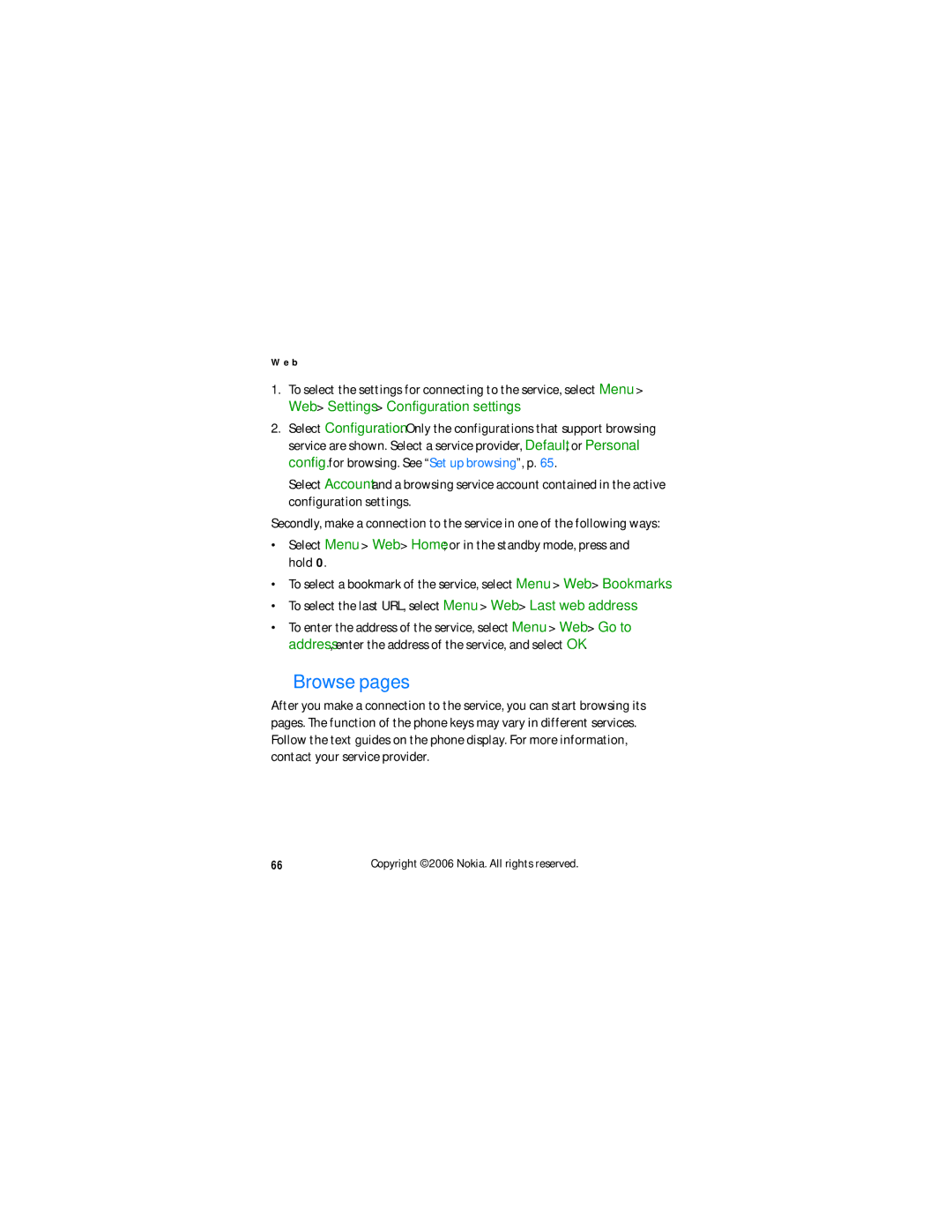 Nokia N6060v manual Browse pages, To select the last URL, select Menu Web Last web address 