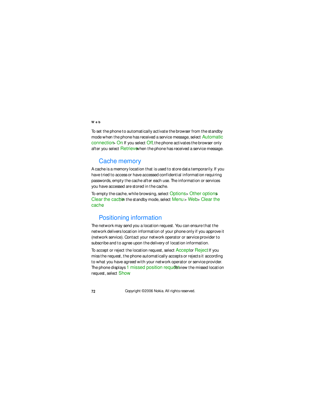 Nokia N6060v manual Cache memory, Positioning information 