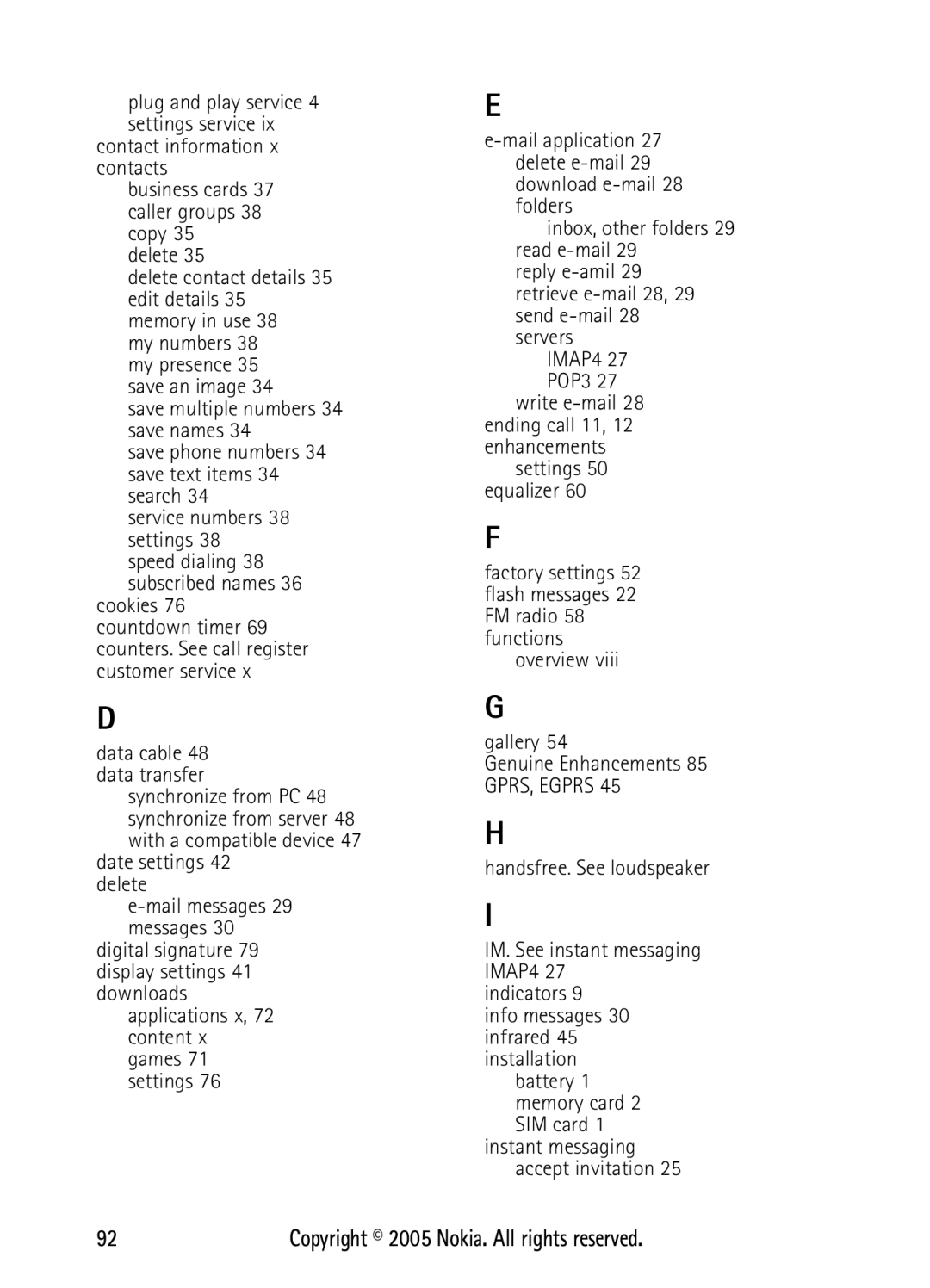 Nokia N6270 manual Contact information x contacts, Date settings 42 delete Mail messages 29 messages 