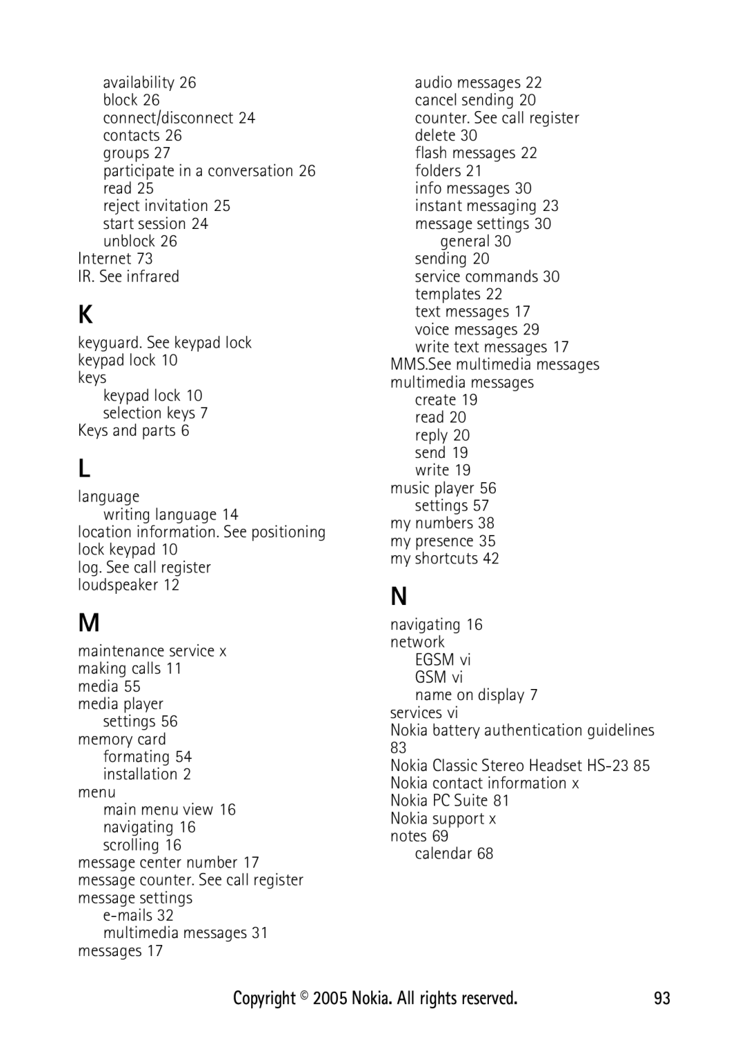 Nokia N6270 Maintenance service x making calls 11 media, Service commands 30 templates, Navigating 16 network, Calendar 