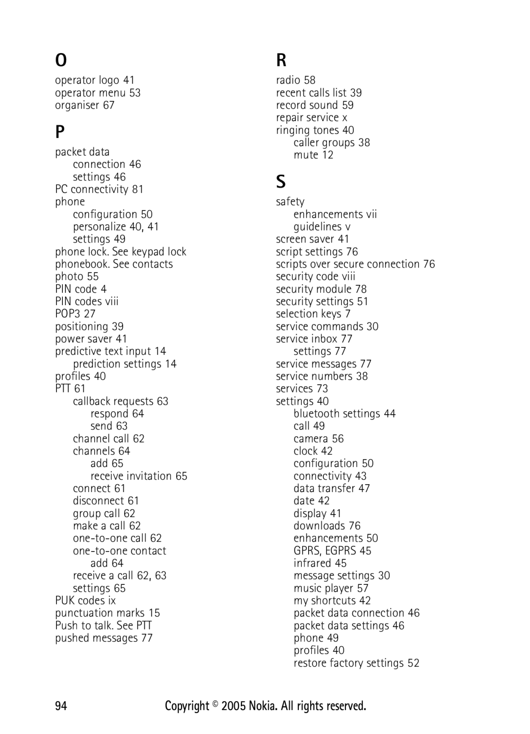 Nokia N6270 manual Operator logo 41 operator menu 53 organiser, Add Receive invitation 65 connect 61 disconnect, Radio 