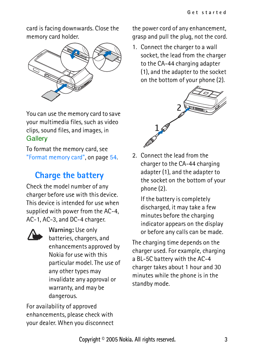 Nokia N6270 manual Charge the battery, Card is facing downwards. Close the memory card holder 