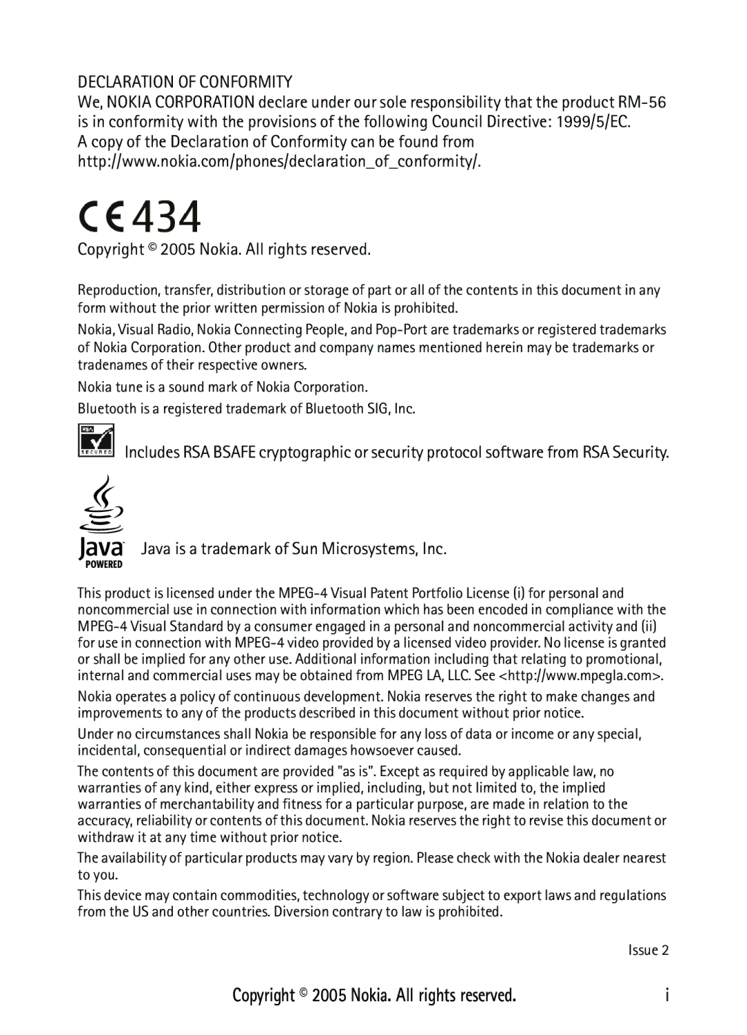 Nokia N6270 manual Copyright 2005 Nokia. All rights reserved, Java is a trademark of Sun Microsystems, Inc 