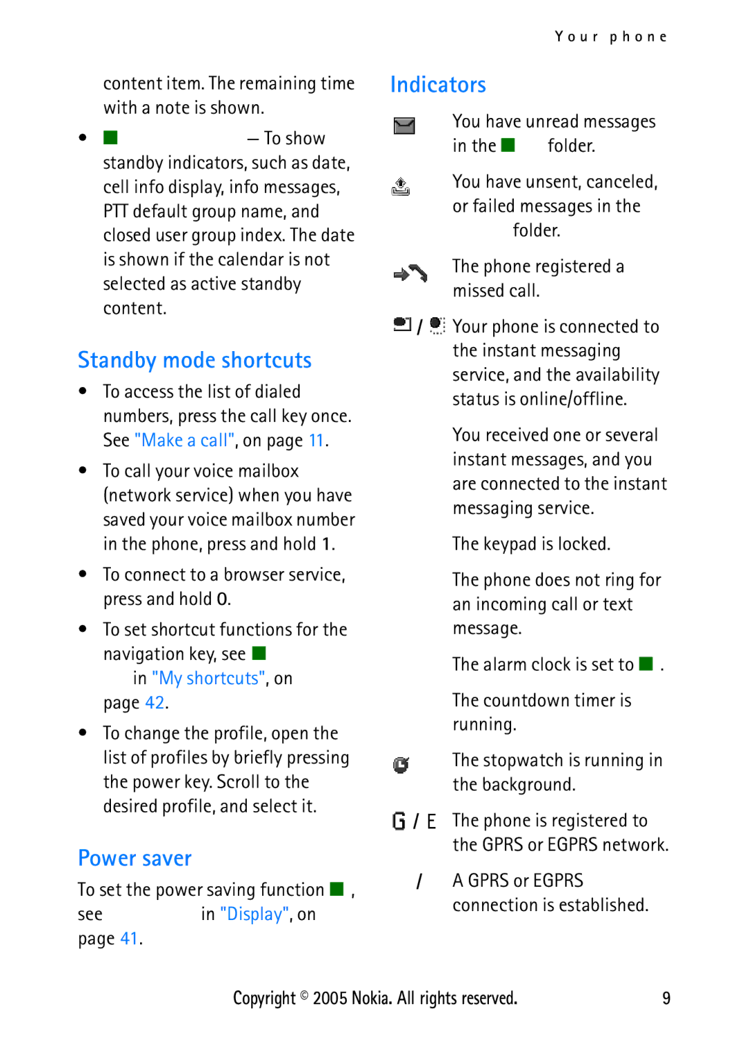 Nokia N6270 manual Standby mode shortcuts, Power saver, Indicators, Content item. The remaining time with a note is shown 