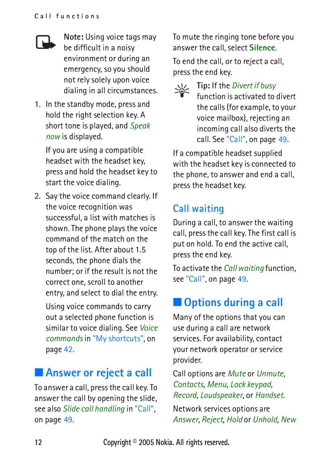 Nokia N6270 manual Answer or reject a call, Options during a call, Call waiting 