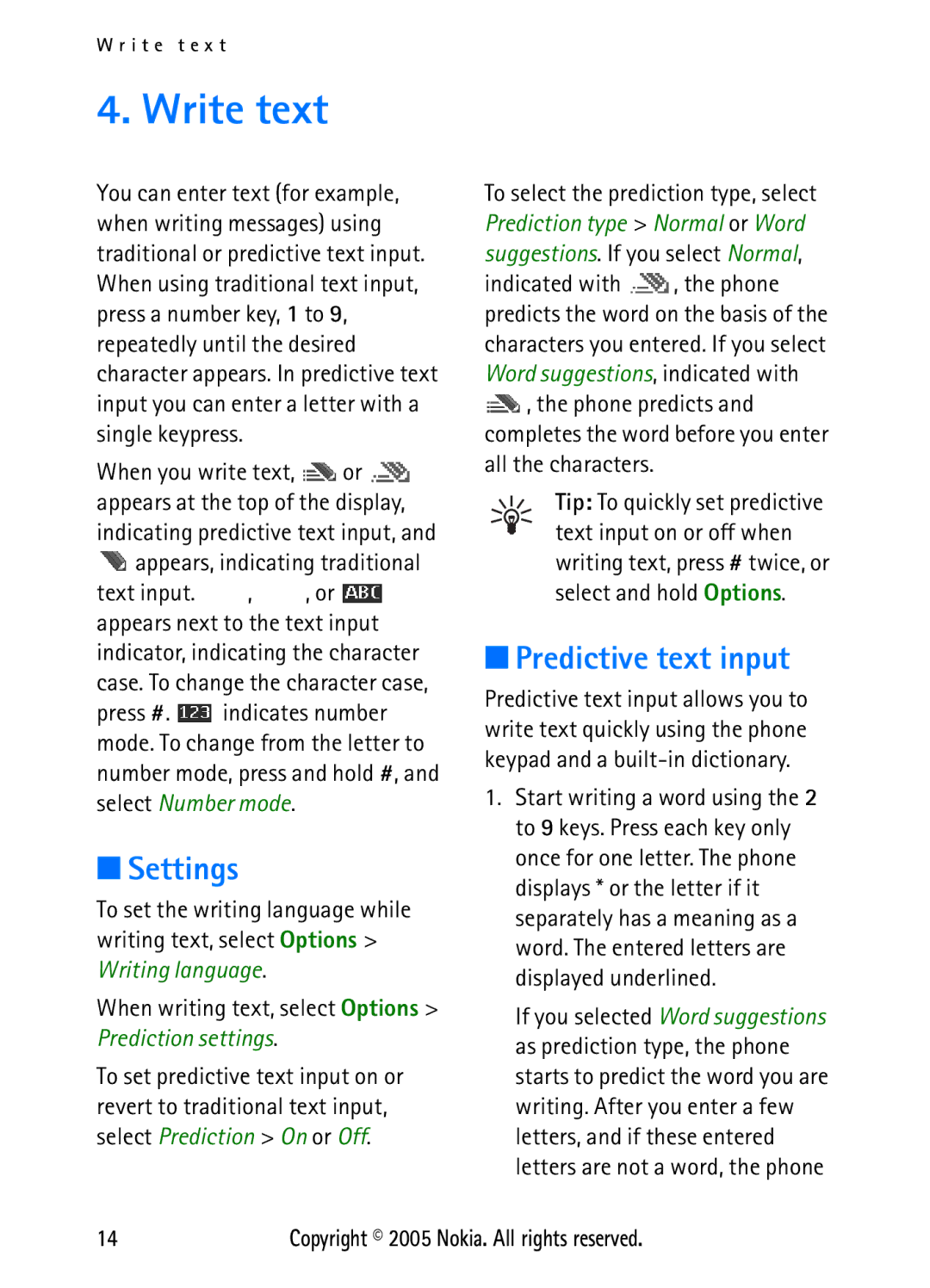 Nokia N6270 manual Write text, Settings, Predictive text input 