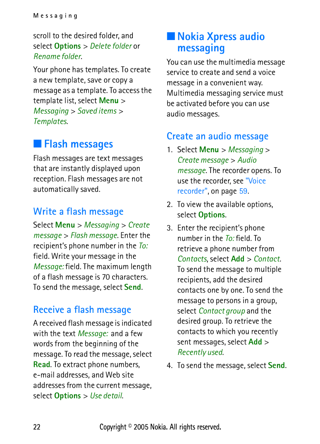 Nokia N6270 manual Flash messages, Write a flash message, Receive a flash message, Create an audio message 