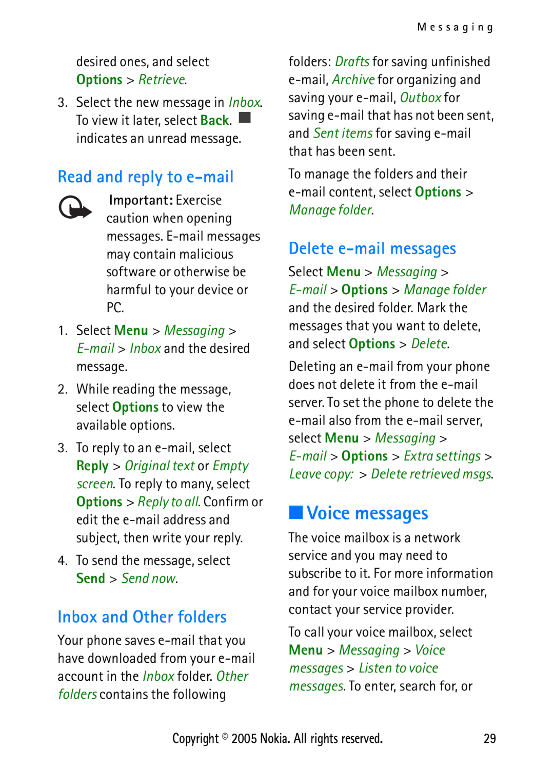 Nokia N6270 manual Voice messages, Read and reply to e-mail, Inbox and Other folders, Delete e-mail messages 