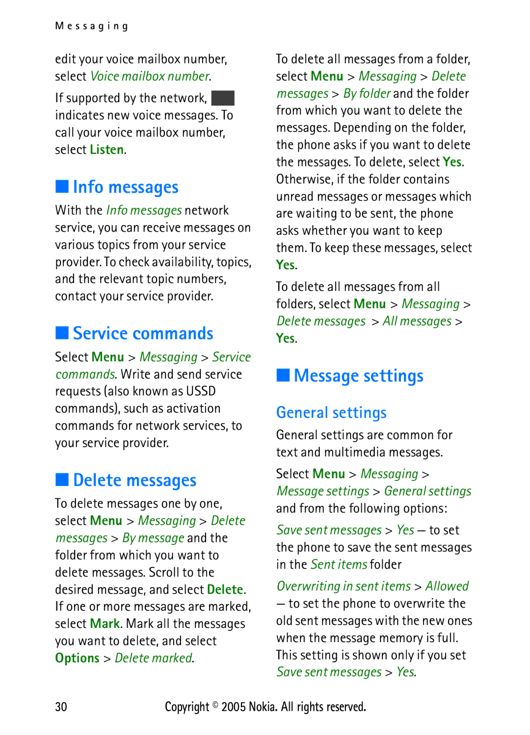 Nokia N6270 manual Info messages, Service commands, Delete messages, Message settings, General settings 