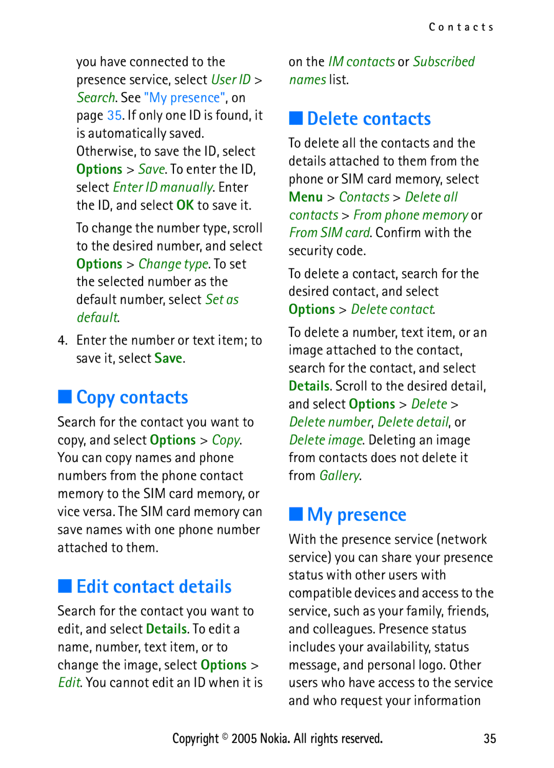 Nokia N6270 manual Copy contacts, Edit contact details, Delete contacts, My presence 