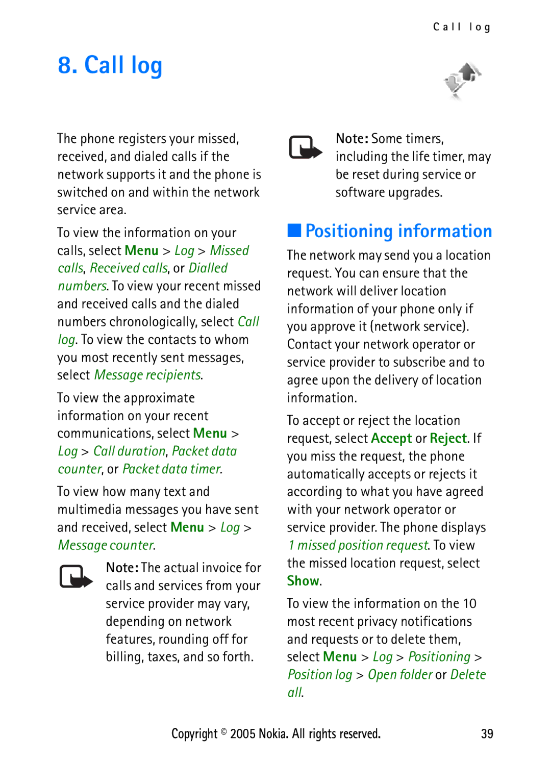 Nokia N6270 manual Call log, Positioning information 