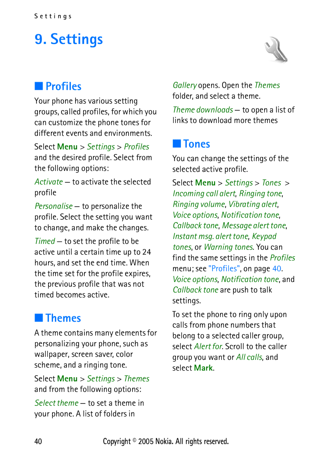 Nokia N6270 manual Settings, Profiles, Themes, Tones 