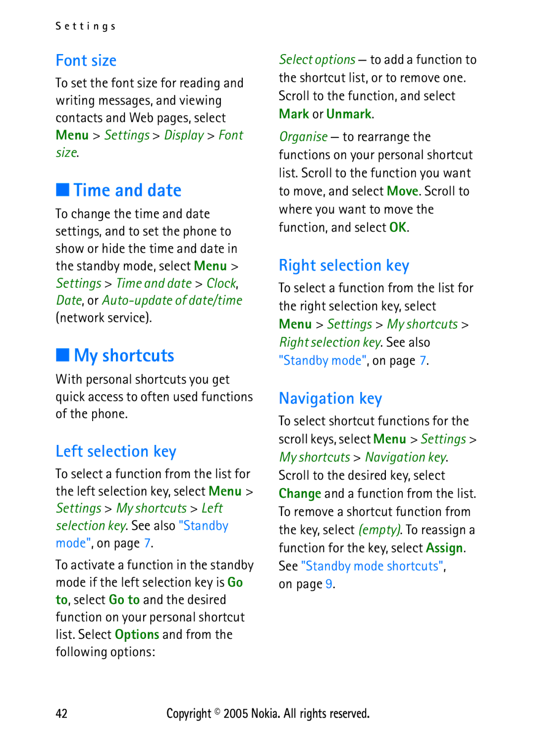 Nokia N6270 manual Time and date, My shortcuts 