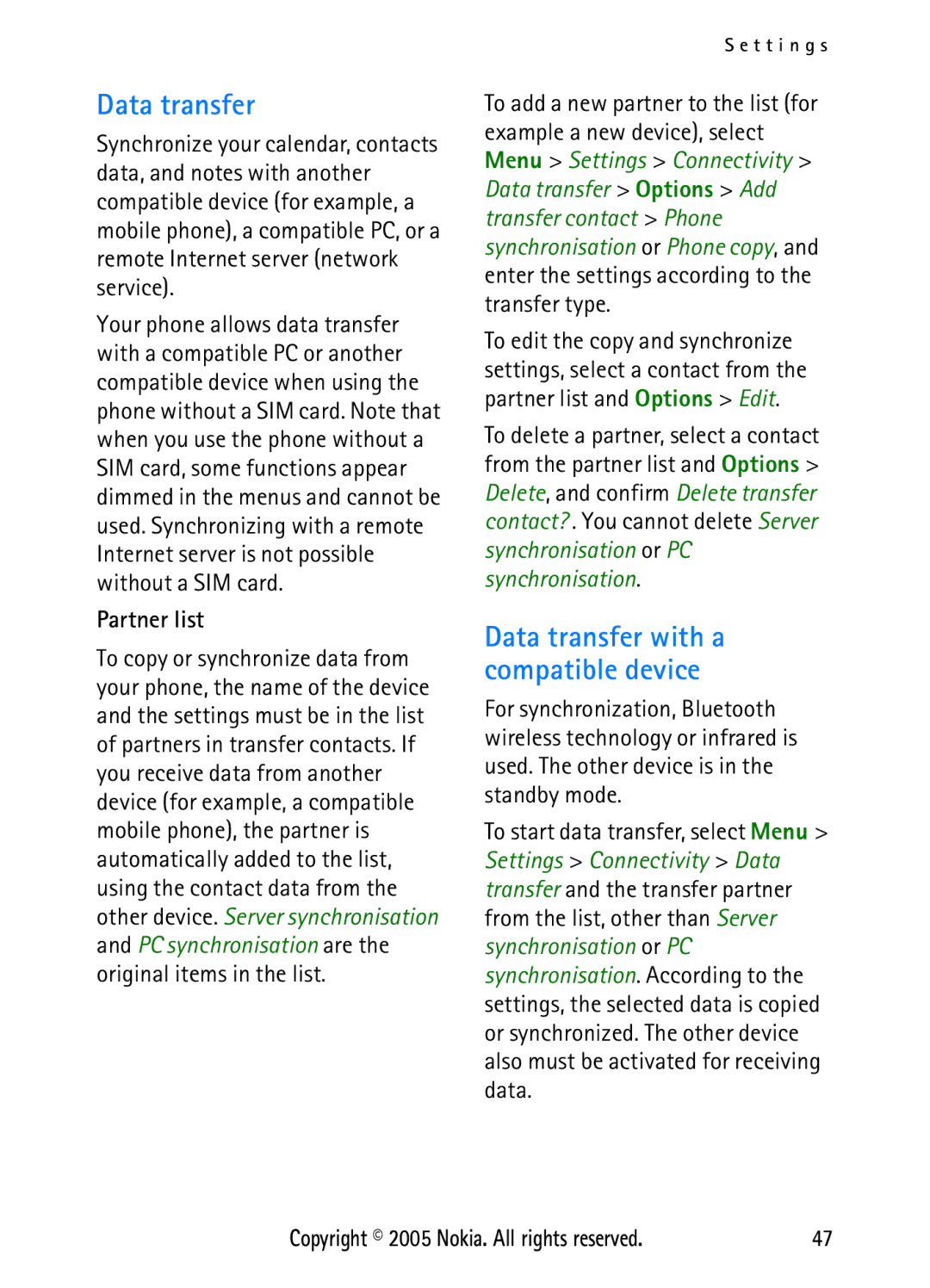 Nokia N6270 manual Data transfer with a compatible device 