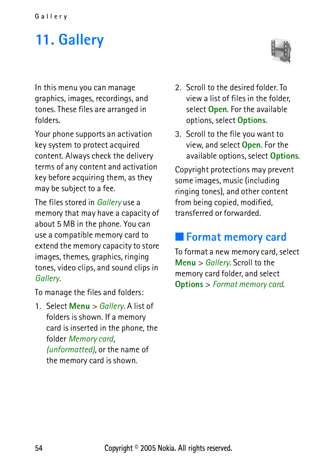 Nokia N6270 manual Gallery, Format memory card, To manage the files and folders 