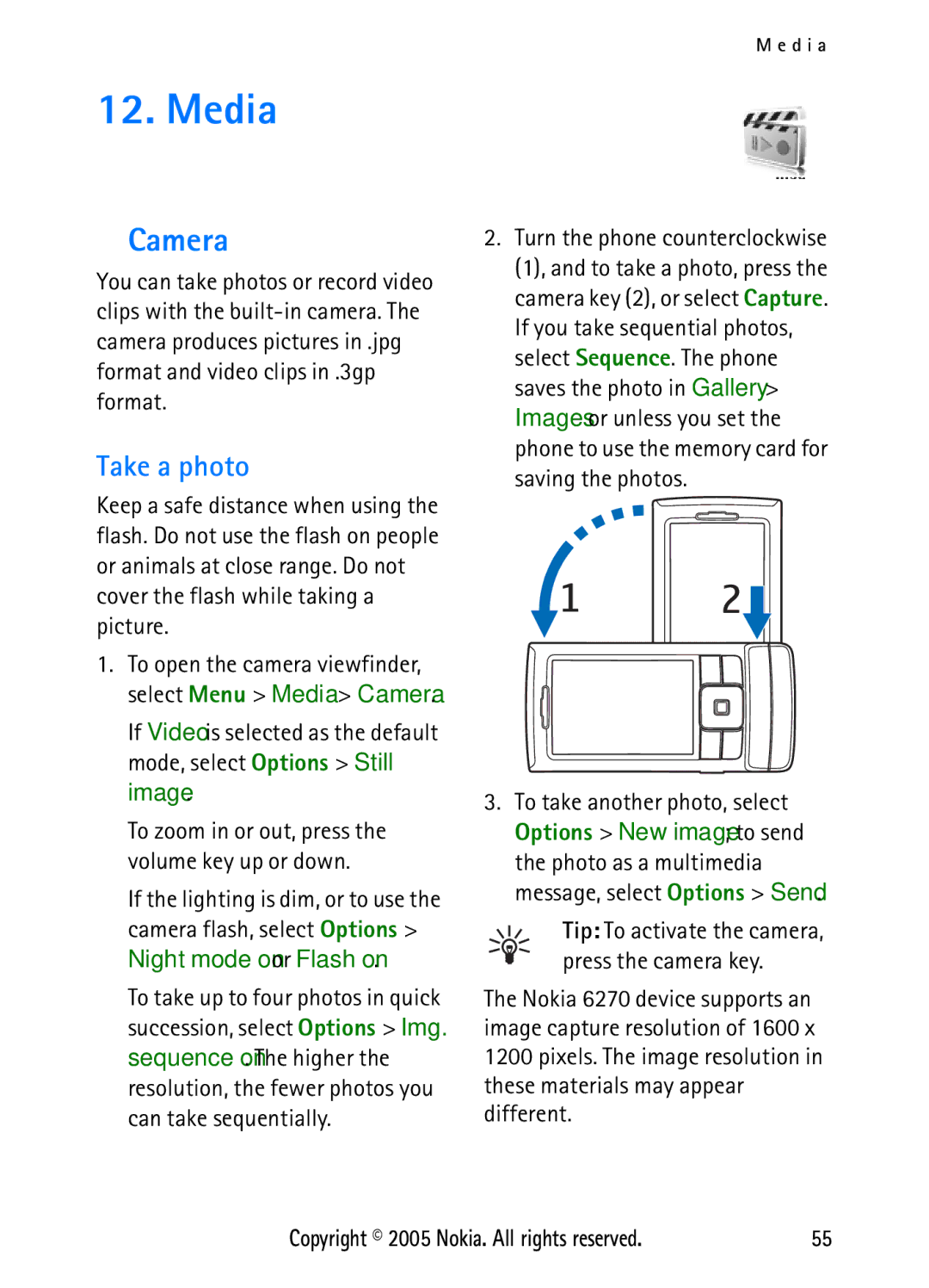 Nokia N6270 manual Media, Camera, Take a photo 