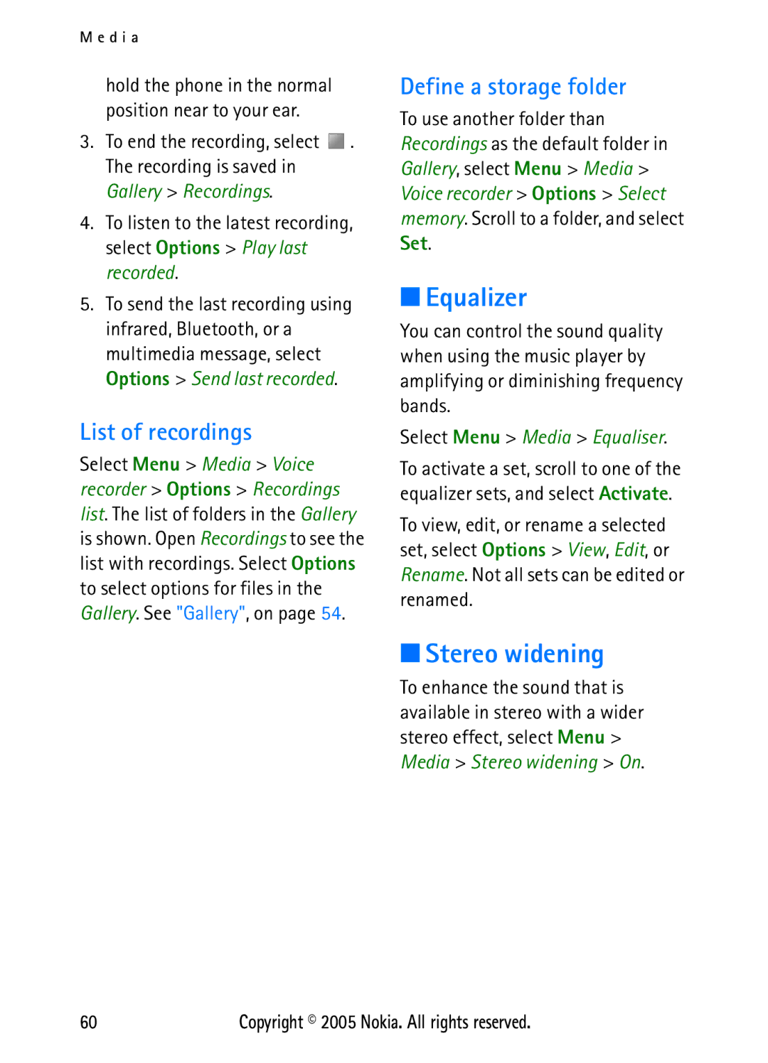 Nokia N6270 manual Equalizer, Stereo widening, List of recordings, Define a storage folder 