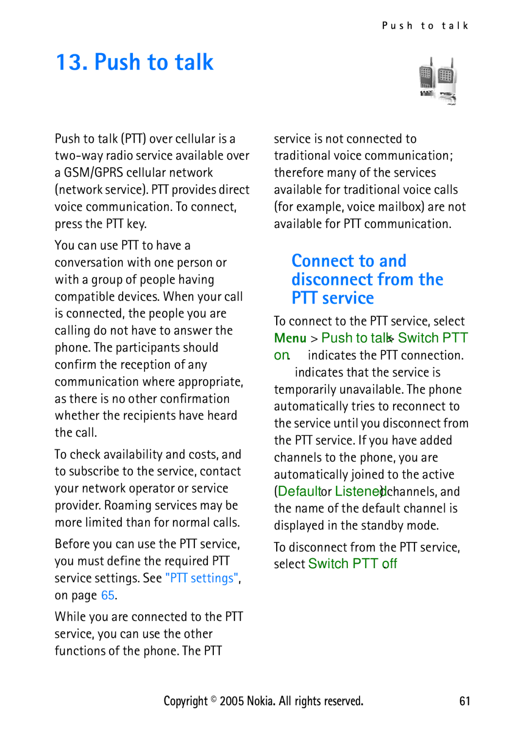 Nokia N6270 manual Push to talk, Connect to and disconnect from the PTT service 